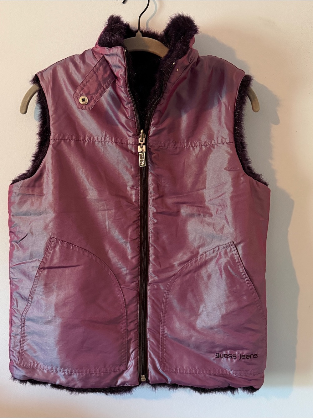 Guess Purple Reversible Two-Tone Satin-Look and Faux Fur Puffer Vest